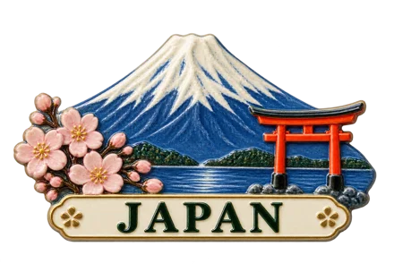 Illustrative Japan souvenir magnet with Mount Fuji and cherry blossoms